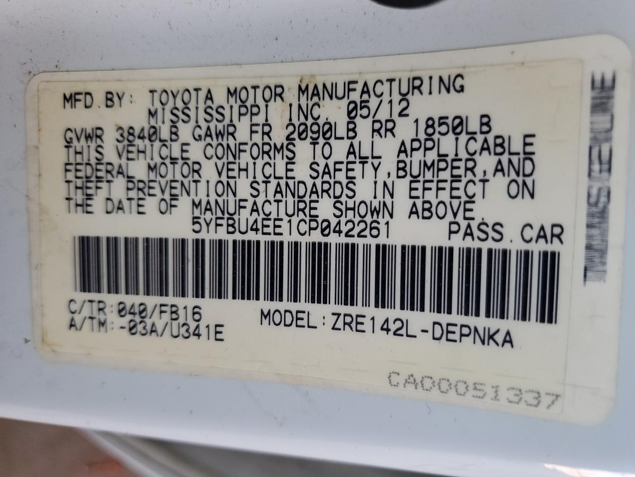 2012 Toyota Corolla Base VIN: 5YFBU4EE1CP042261 Lot: 62935765