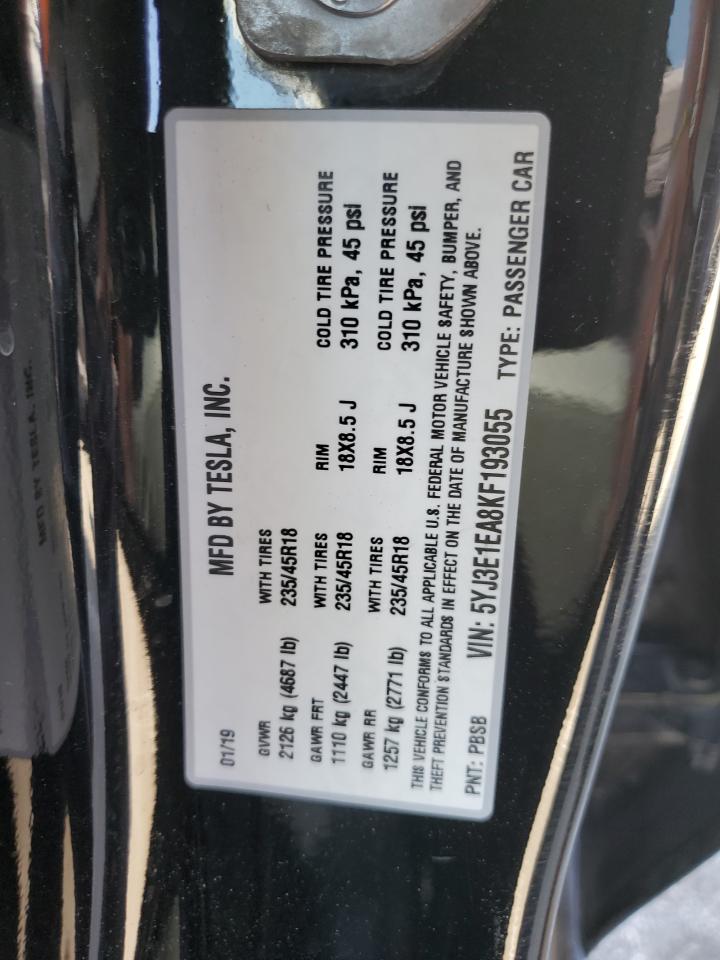 2019 Tesla Model 3 VIN: 5YJ3E1EA8KF193055 Lot: 62937425