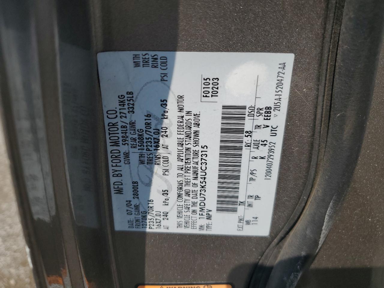 2004 Ford Explorer Xlt VIN: 1FMDU73K54UC37315 Lot: 59665985