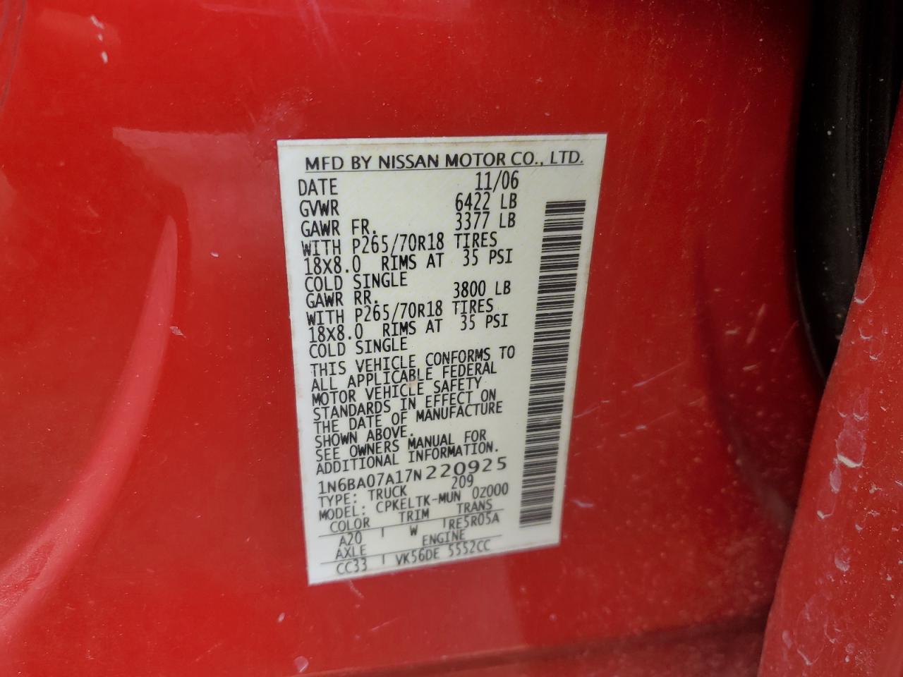 2007 Nissan Titan Xe VIN: 1N6BA07A17N220925 Lot: 61739425