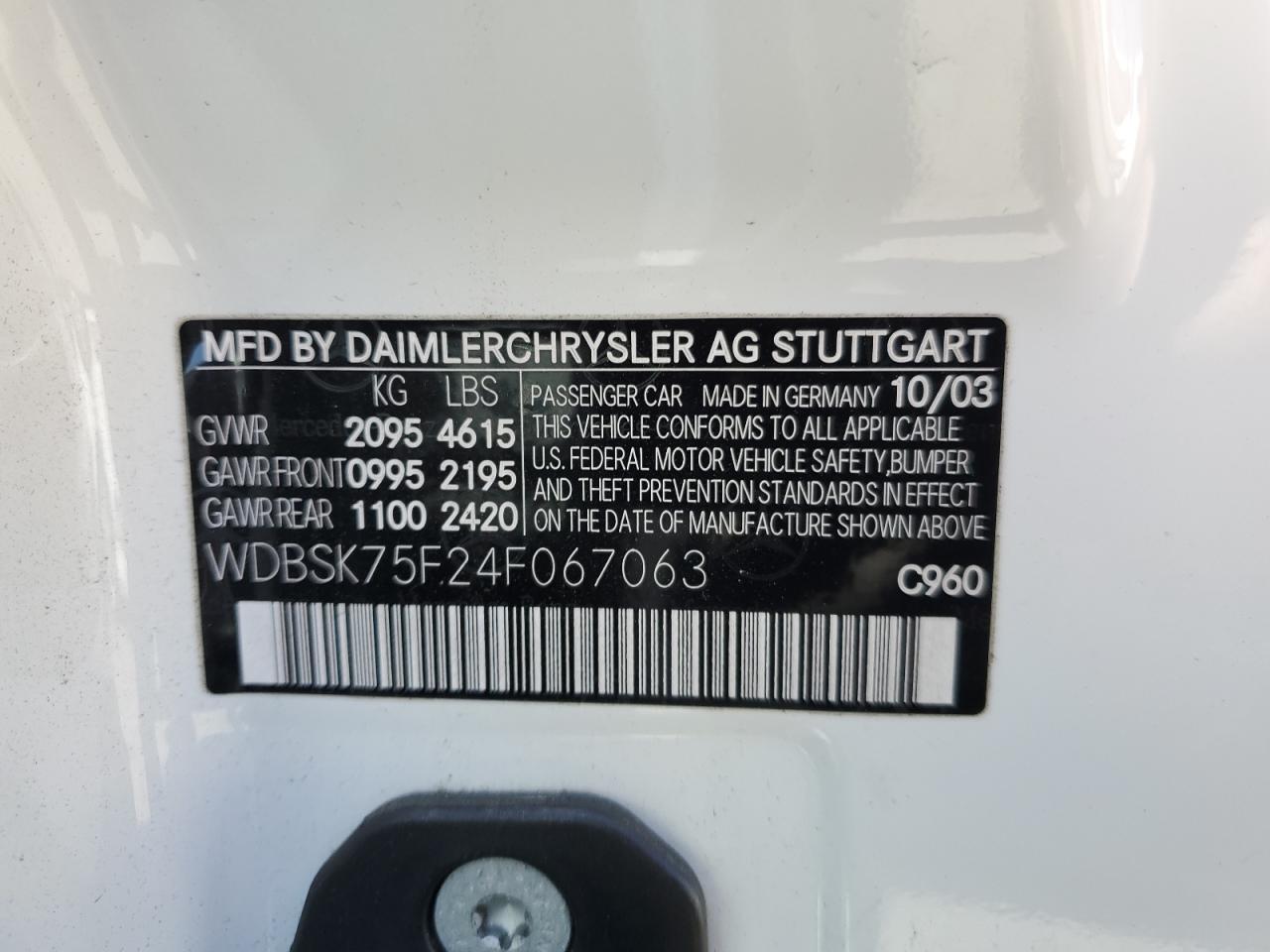 2004 Mercedes-Benz Sl 500 VIN: WDBSK75F24F067063 Lot: 59964475
