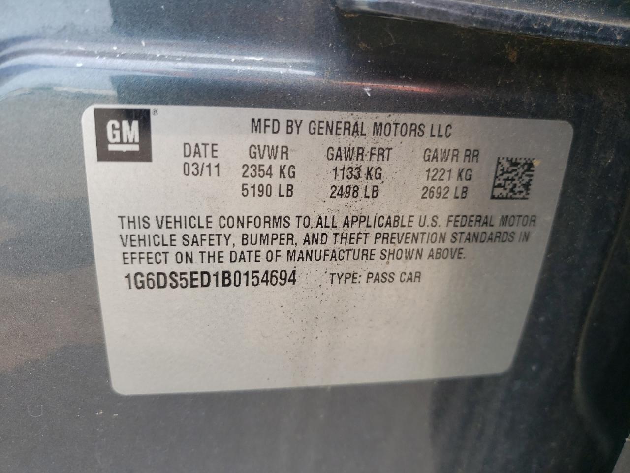2011 Cadillac Cts Premium Collection VIN: 1G6DS5ED1B0154694 Lot: 59187255