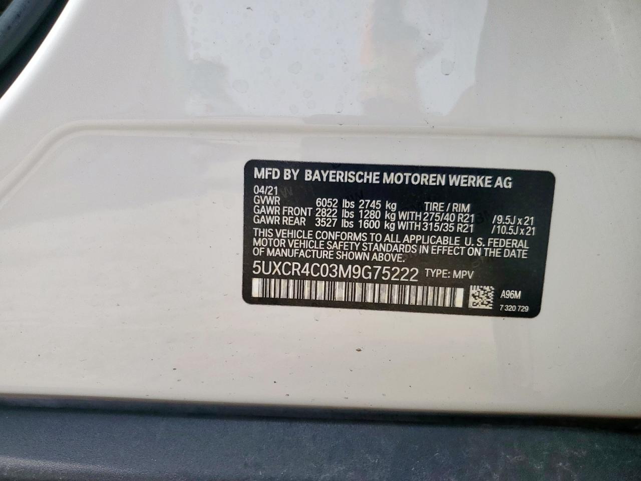 2021 BMW X5 Sdrive 40I VIN: 5UXCR4C03M9G75222 Lot: 59342545
