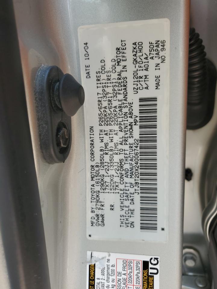 2004 Lexus Gx 470 VIN: JTJBT20X240067422 Lot: 60677655