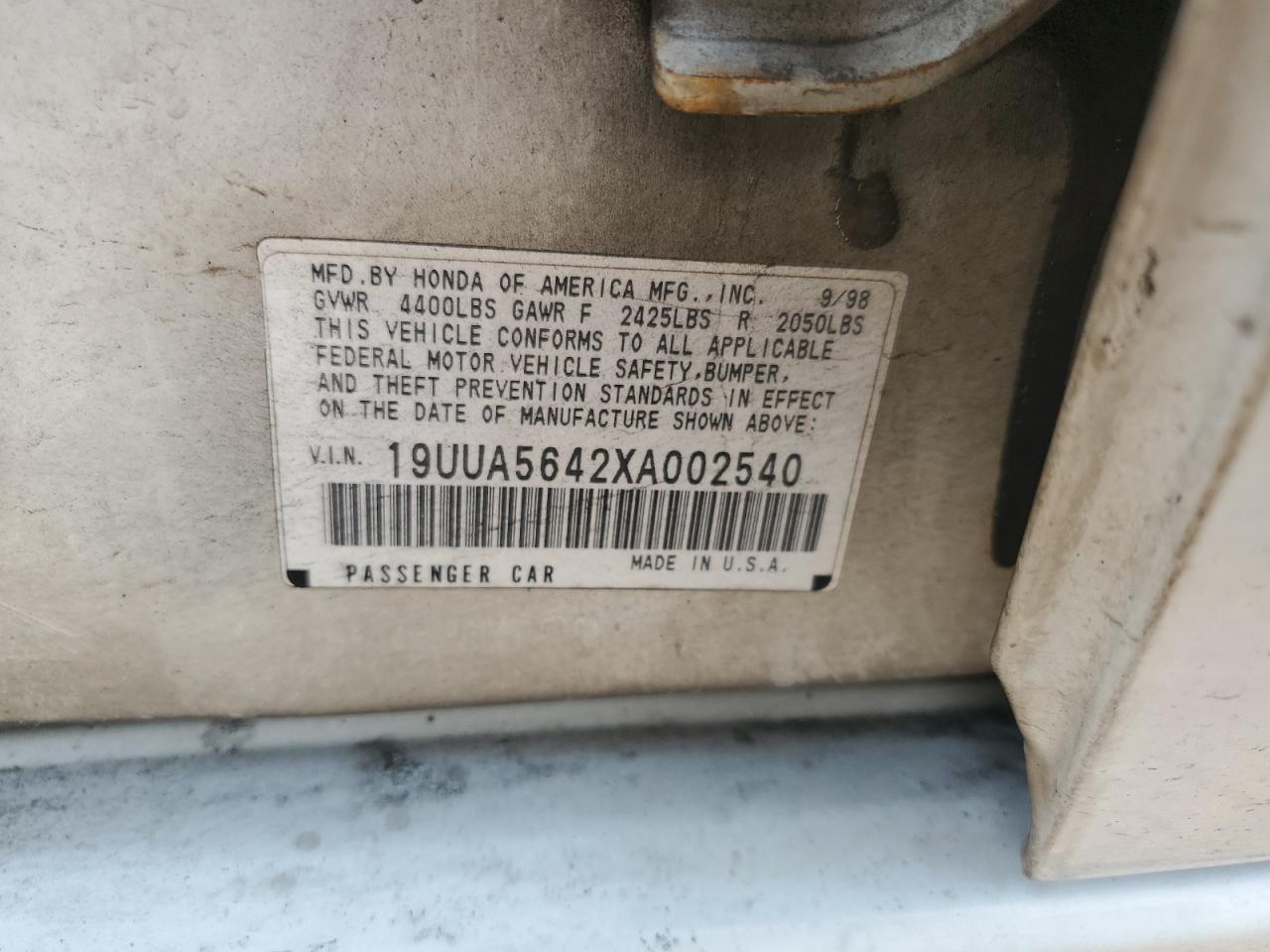 1999 Acura 3.2Tl VIN: 19UUA5642XA002540 Lot: 59175485