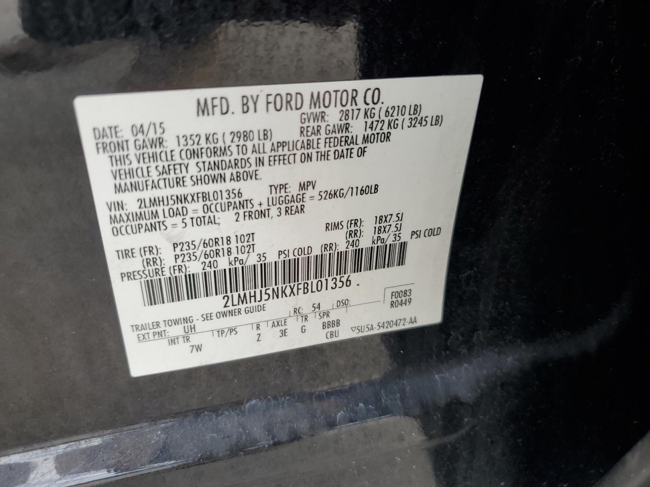 2015 Lincoln Mkt VIN: 2LMHJ5NKXFBL01356 Lot: 62575095