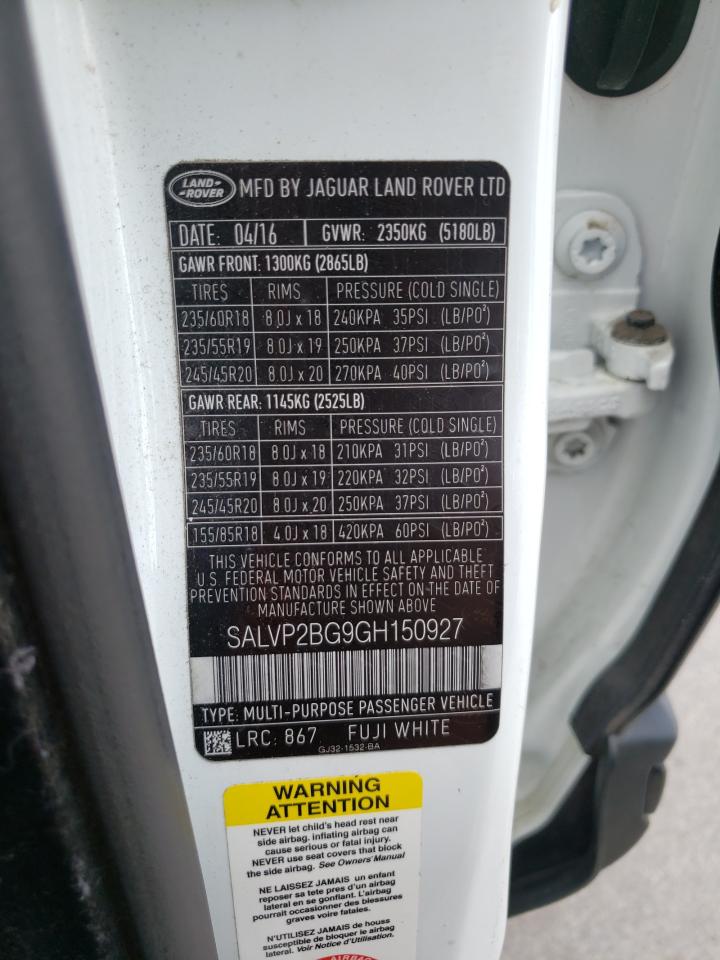 2016 Land Rover Range Rover Evoque Se VIN: SALVP2BG9GH150927 Lot: 62925695