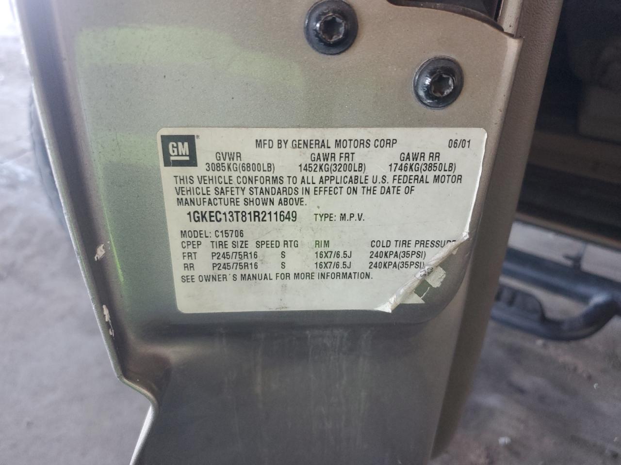 2001 GMC Yukon VIN: 1GKEC13T81R211649 Lot: 59299705