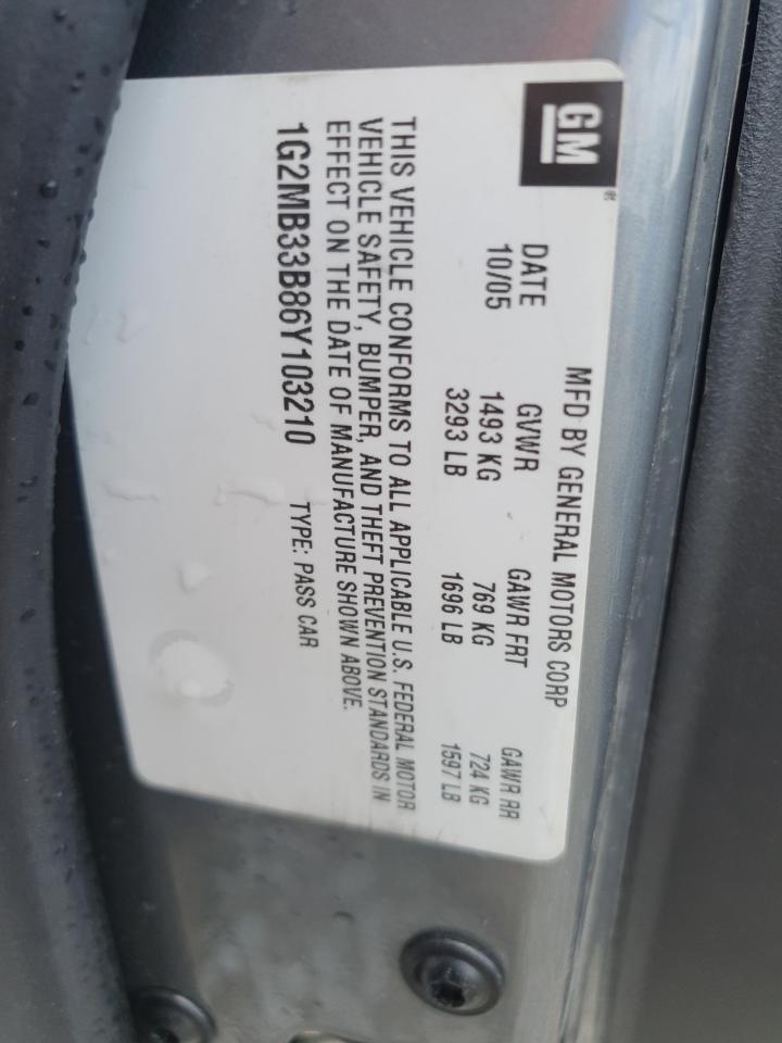 2006 Pontiac Solstice VIN: 1G2MB33B86Y103210 Lot: 61019065