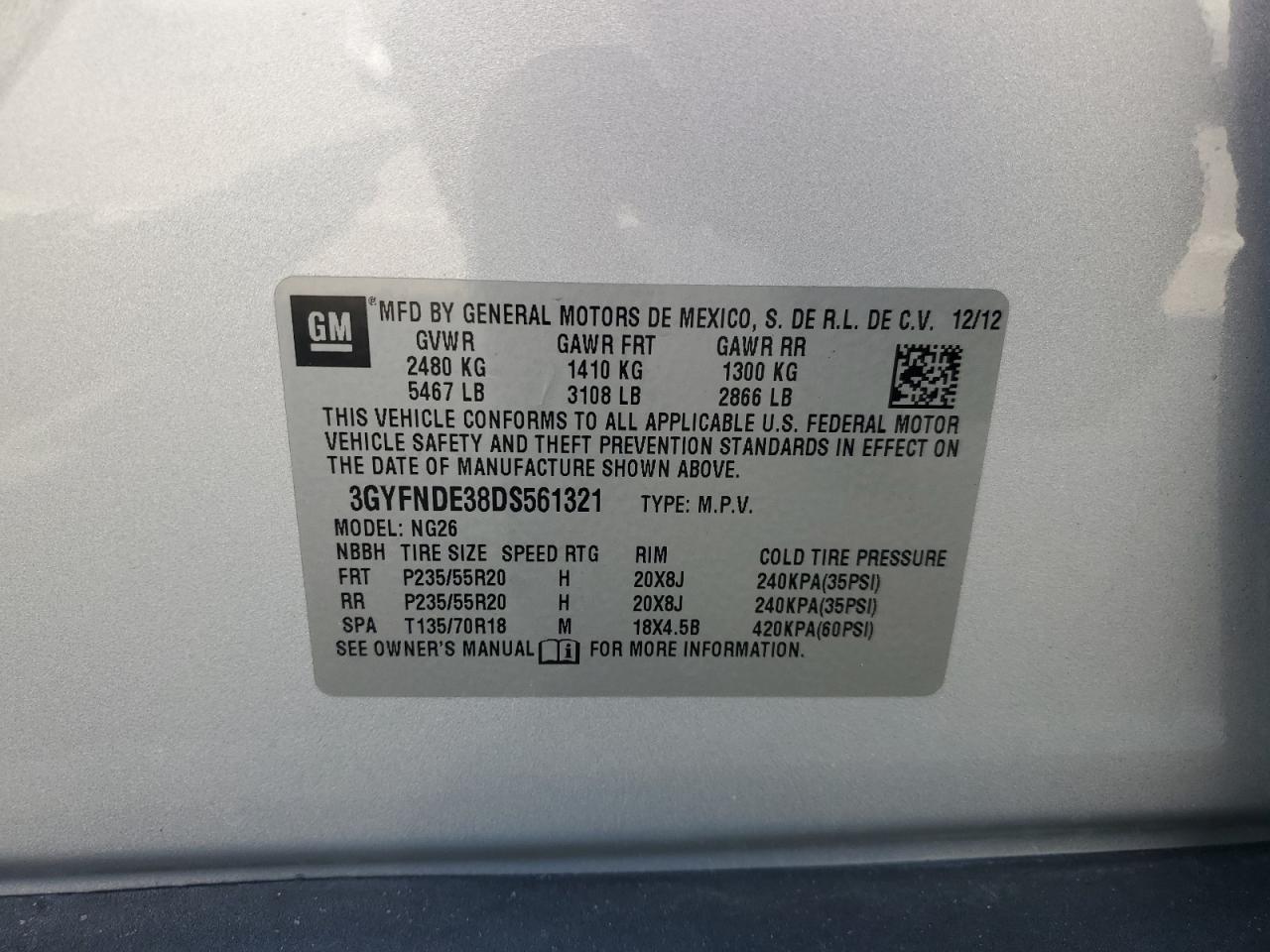 2013 Cadillac Srx Performance Collection VIN: 3GYFNDE38DS561321 Lot: 60237605