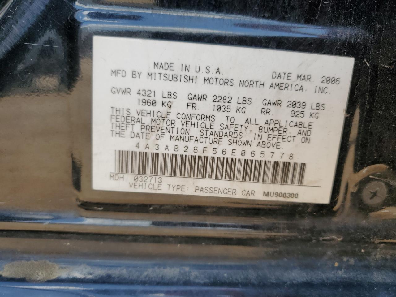 2006 Mitsubishi Galant De VIN: 4A3AB26F56E065778 Lot: 62166075