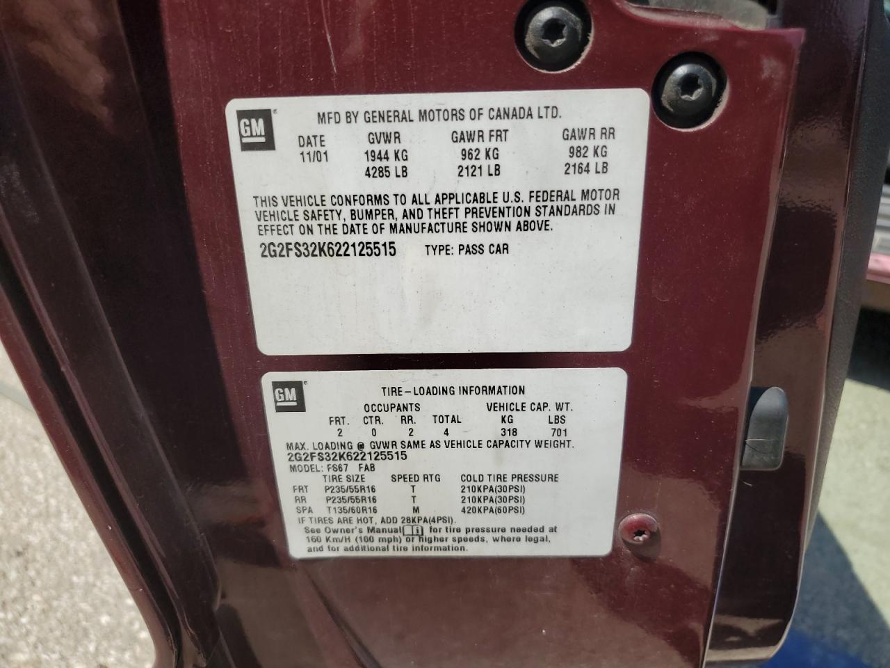 2002 Pontiac Firebird VIN: 2G2FS32K622125515 Lot: 62086275