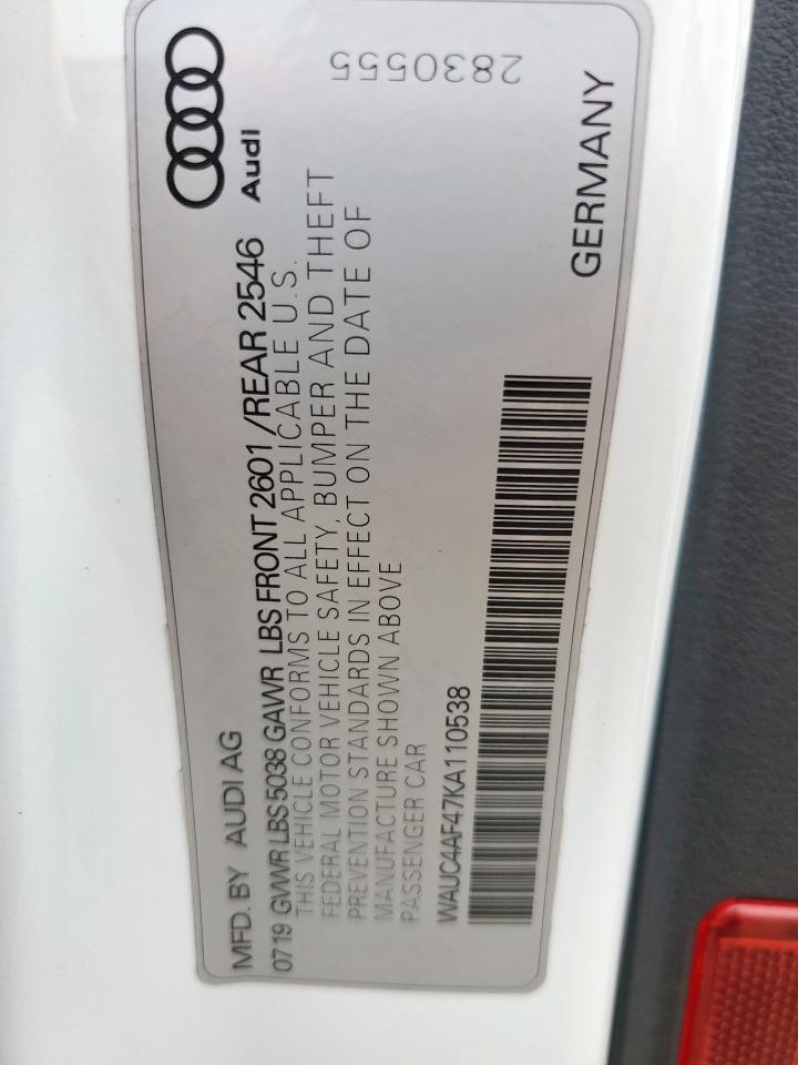 2019 Audi S4 Prestige VIN: WAUC4AF47KA110538 Lot: 59810365