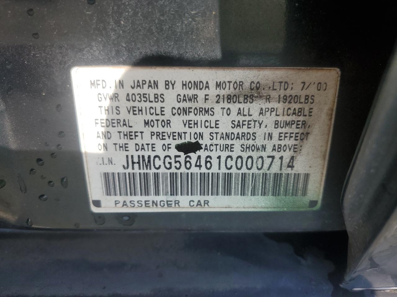 2001 Honda Accord Lx VIN: JHMCG56461C000714 Lot: 61070715