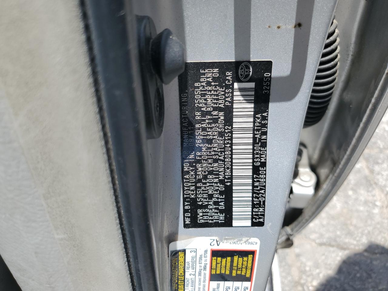 2011 Toyota Avalon Base VIN: 4T1BK3DB0BU431512 Lot: 60865345