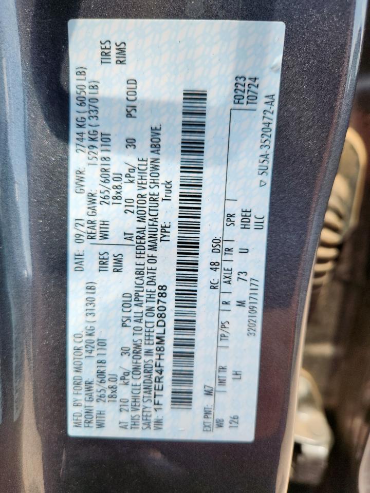 2021 Ford Ranger Xl VIN: 1FTER4FH8MLD80788 Lot: 61686695