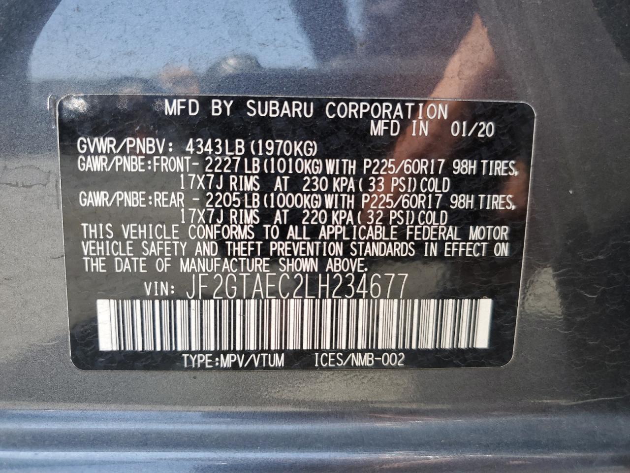 2020 Subaru Crosstrek Premium VIN: JF2GTAEC2LH234677 Lot: 60751155