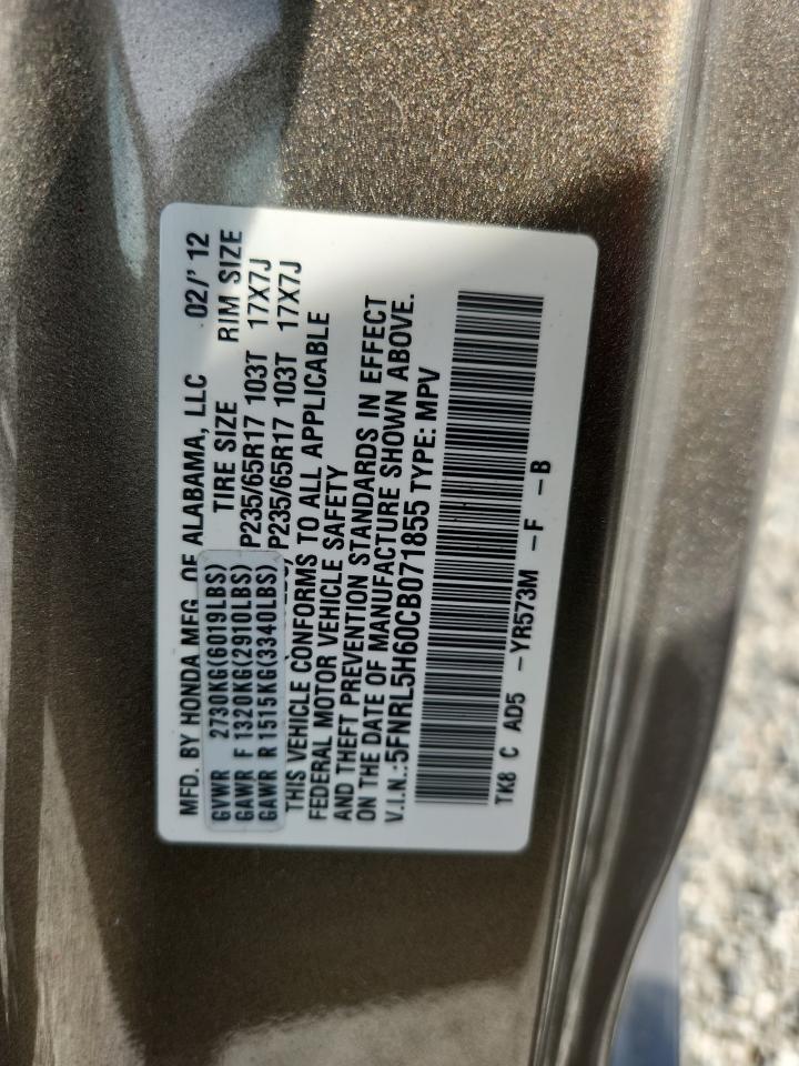 2012 Honda Odyssey Exl VIN: 5FNRL5H60CB071855 Lot: 62112465