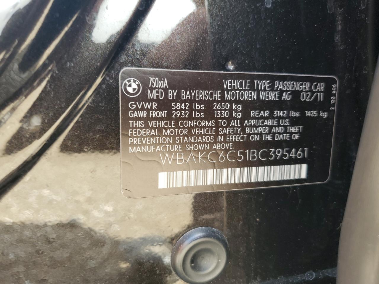 2011 BMW 750 Xi VIN: WBAKC6C51BC395461 Lot: 62537865