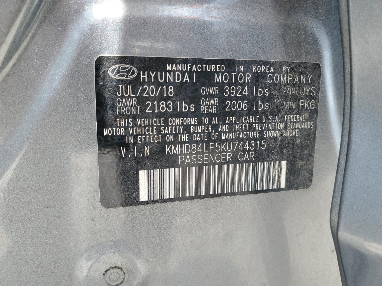 2019 Hyundai Elantra Sel VIN: KMHD84LF5KU744315 Lot: 60509795