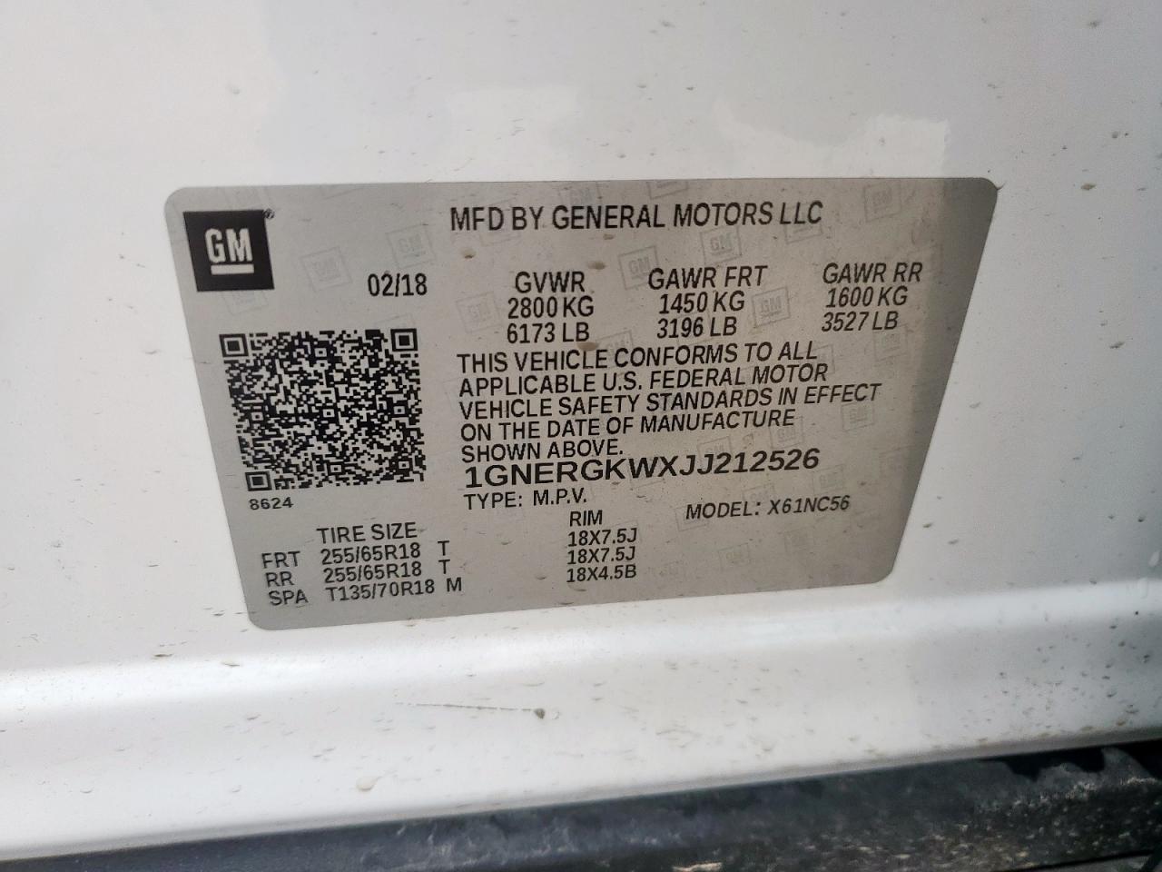 2018 Chevrolet Traverse Lt VIN: 1GNERGKWXJJ212526 Lot: 60554255