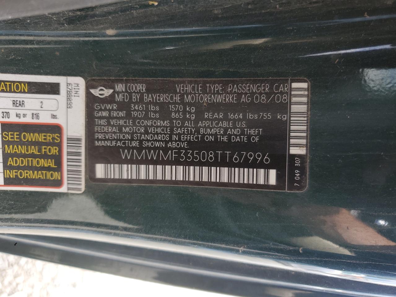 2008 Mini Cooper VIN: WMWMF33508TT67996 Lot: 62592085