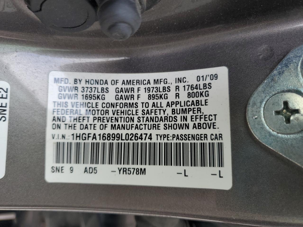 2009 Honda Civic Ex VIN: 1HGFA16899L026474 Lot: 62561655