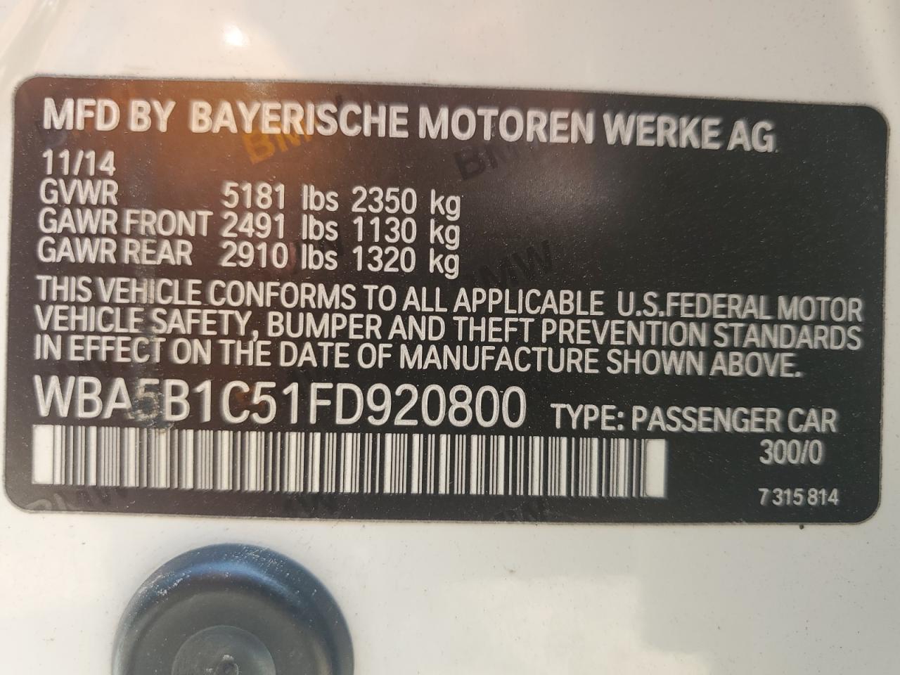 2015 BMW 535 I VIN: WBA5B1C51FD920800 Lot: 61407795