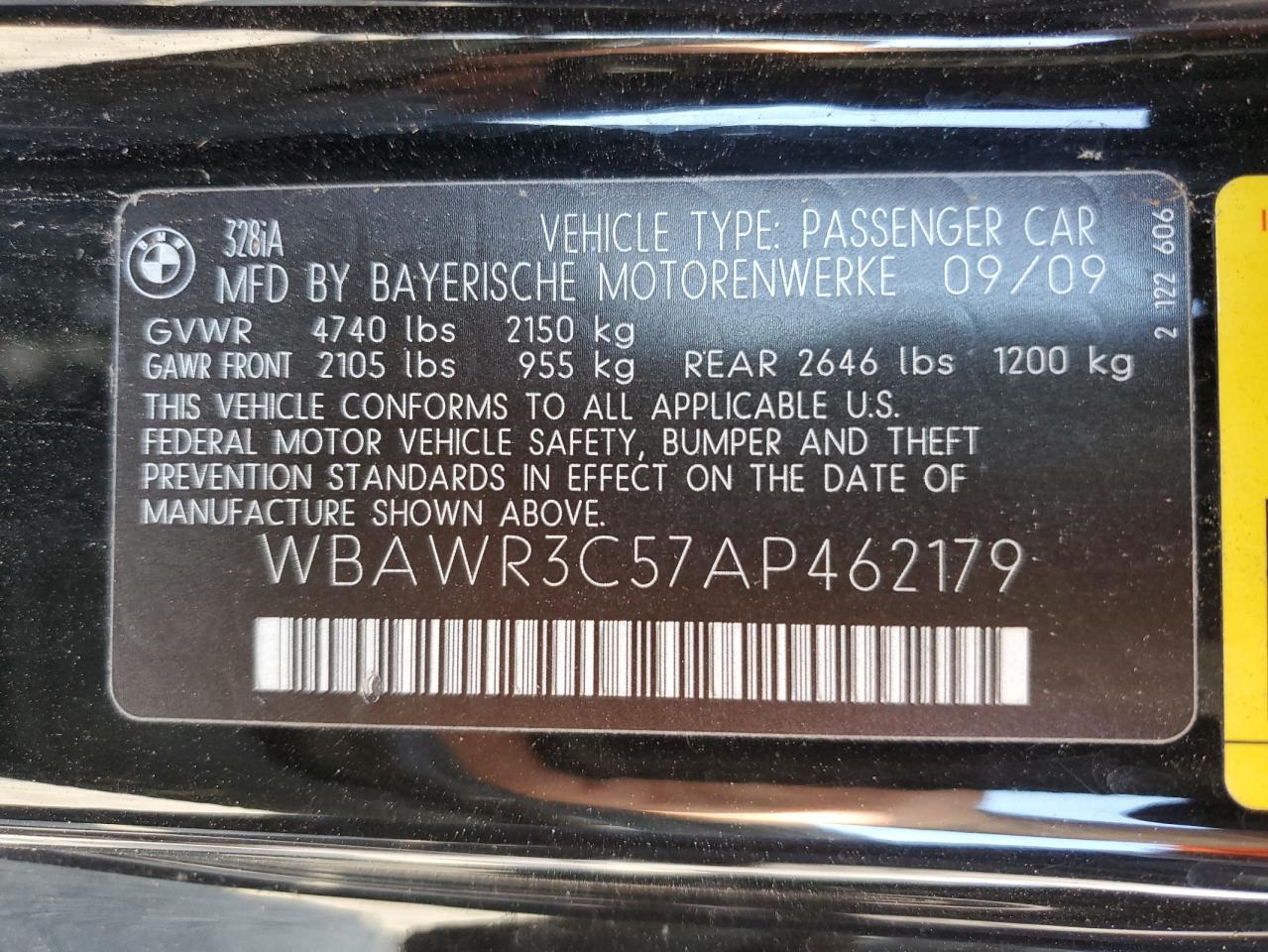 2010 BMW 328 I Sulev VIN: WBAWR3C57AP462179 Lot: 62611975