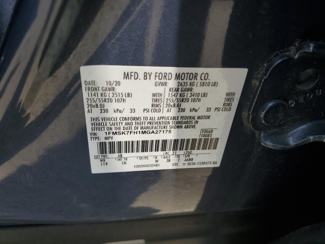 2021 Ford Explorer Limited VIN: 1FMSK7FH1MGA27175 Lot: 62322055