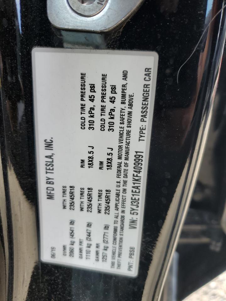 2019 Tesla Model 3 VIN: 5YJ3E1EA1KF409991 Lot: 59198445