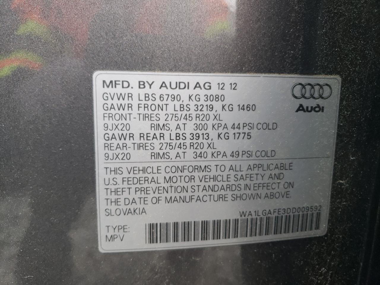 2013 Audi Q7 Premium Plus VIN: WA1LGAFE3DD009592 Lot: 62755525
