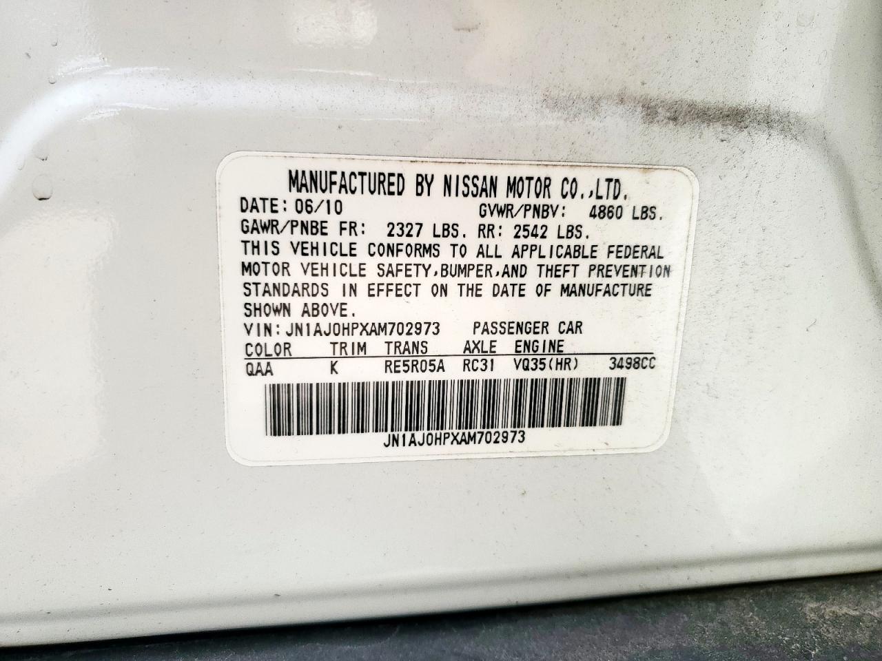 2010 Infiniti Ex35 Base VIN: JN1AJ0HPXAM702973 Lot: 60646455