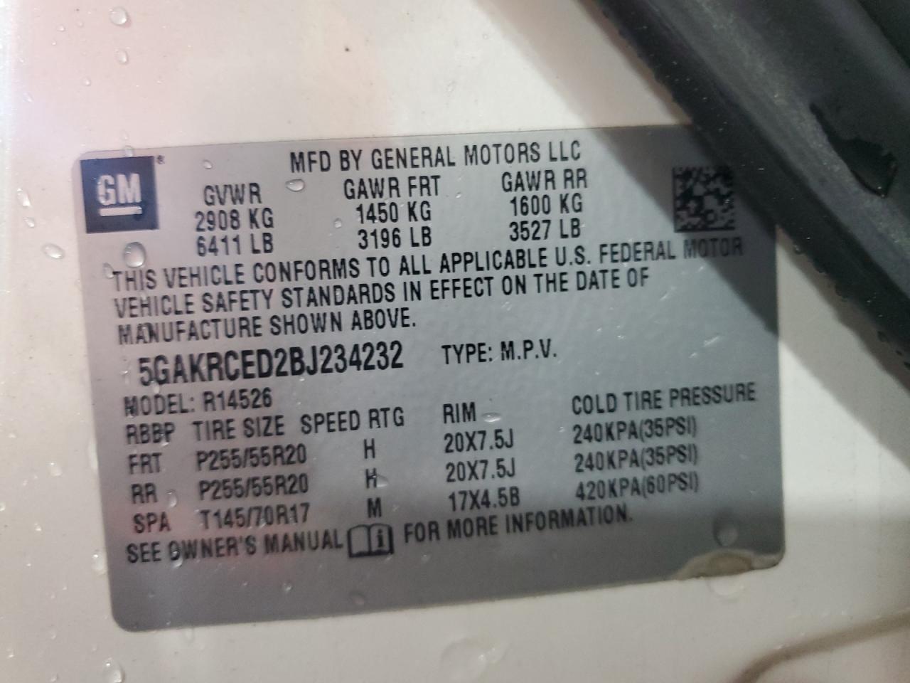 2011 Buick Enclave Cxl VIN: 5GAKRCED2BJ234232 Lot: 61778545