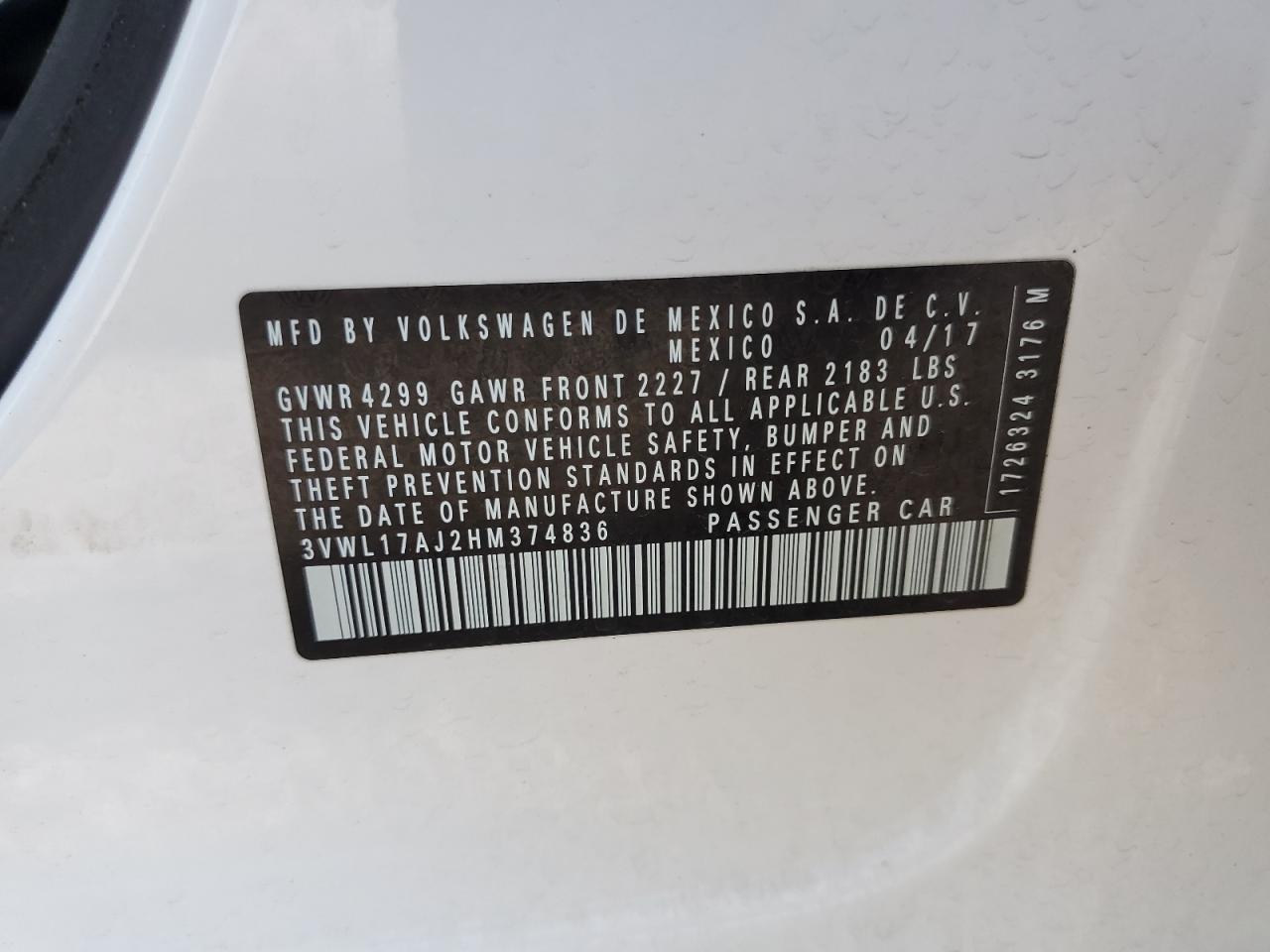 2017 Volkswagen Jetta Sel VIN: 3VWL17AJ2HM374836 Lot: 60412495