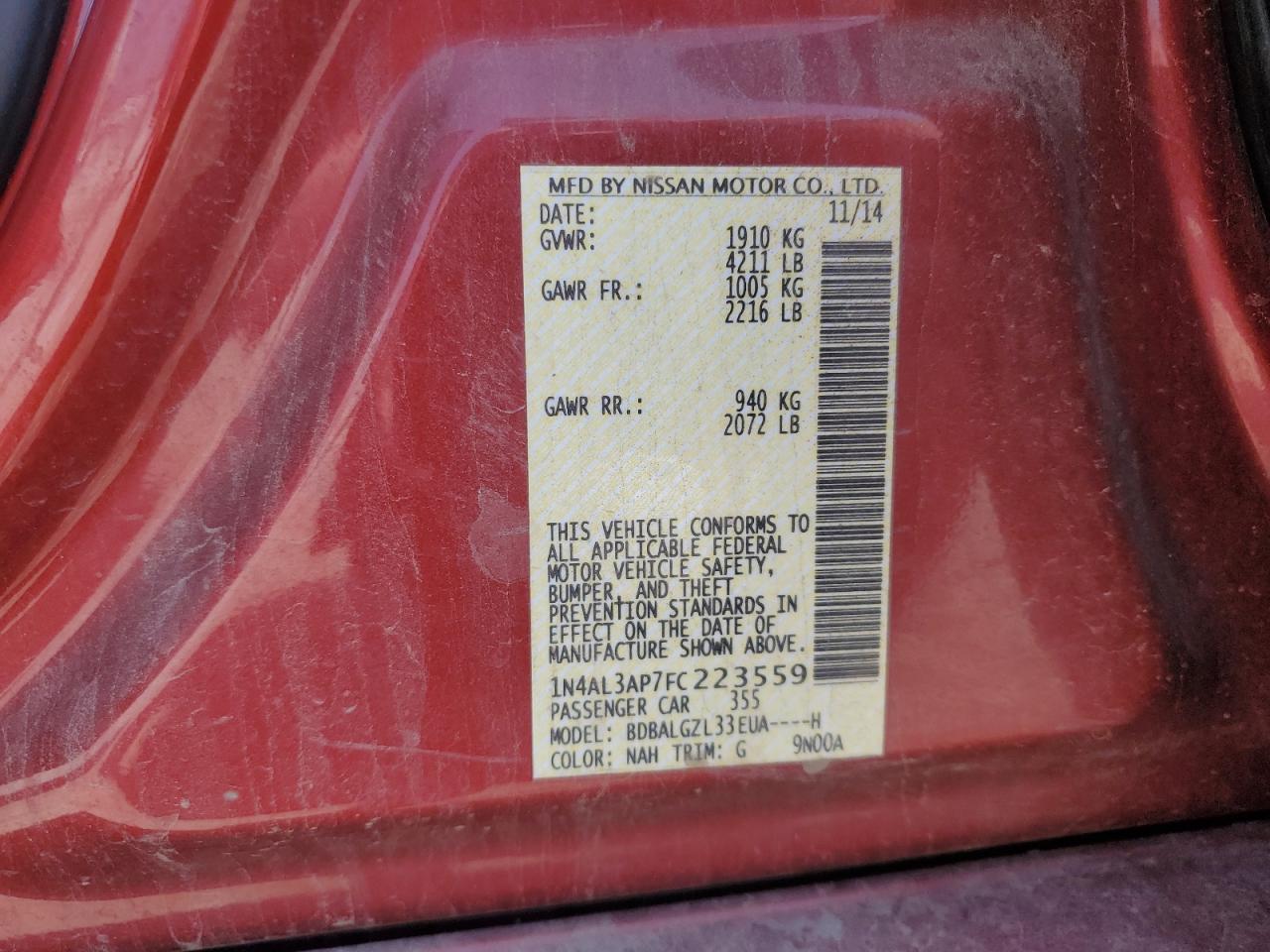 2015 Nissan Altima 2.5 VIN: 1N4AL3AP7FC223559 Lot: 60507975