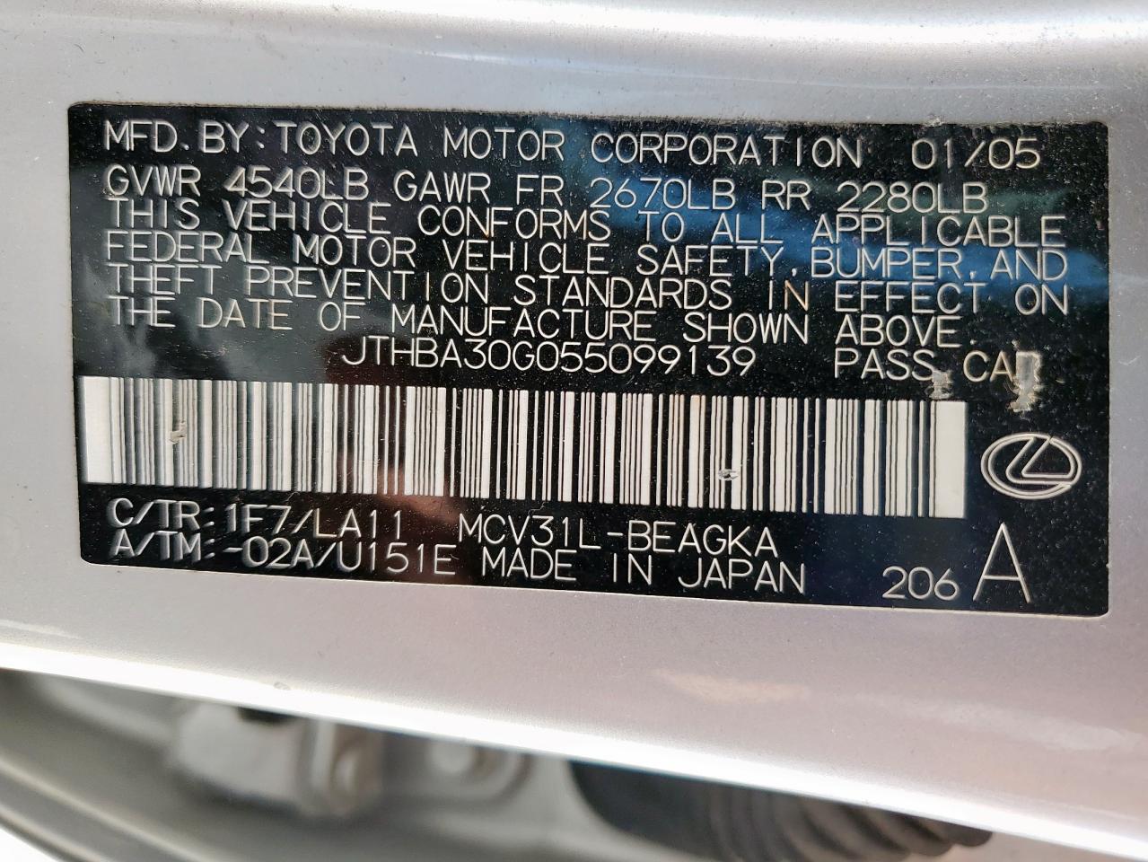 2005 Lexus Es 330 VIN: JTHBA30G055099139 Lot: 60498555