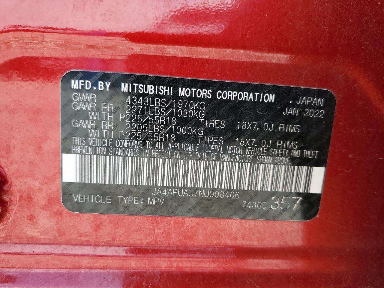 2022 Mitsubishi Outlander Sport Es VIN: JA4APUAU7NU008406 Lot: 62915735