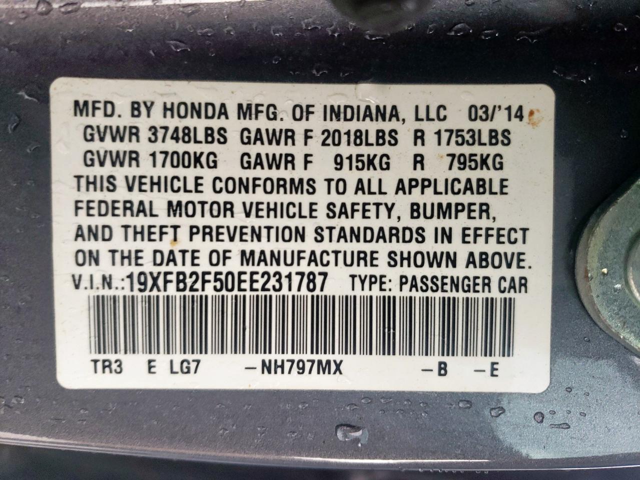 2014 Honda Civic Lx VIN: 19XFB2F50EE231787 Lot: 60368245