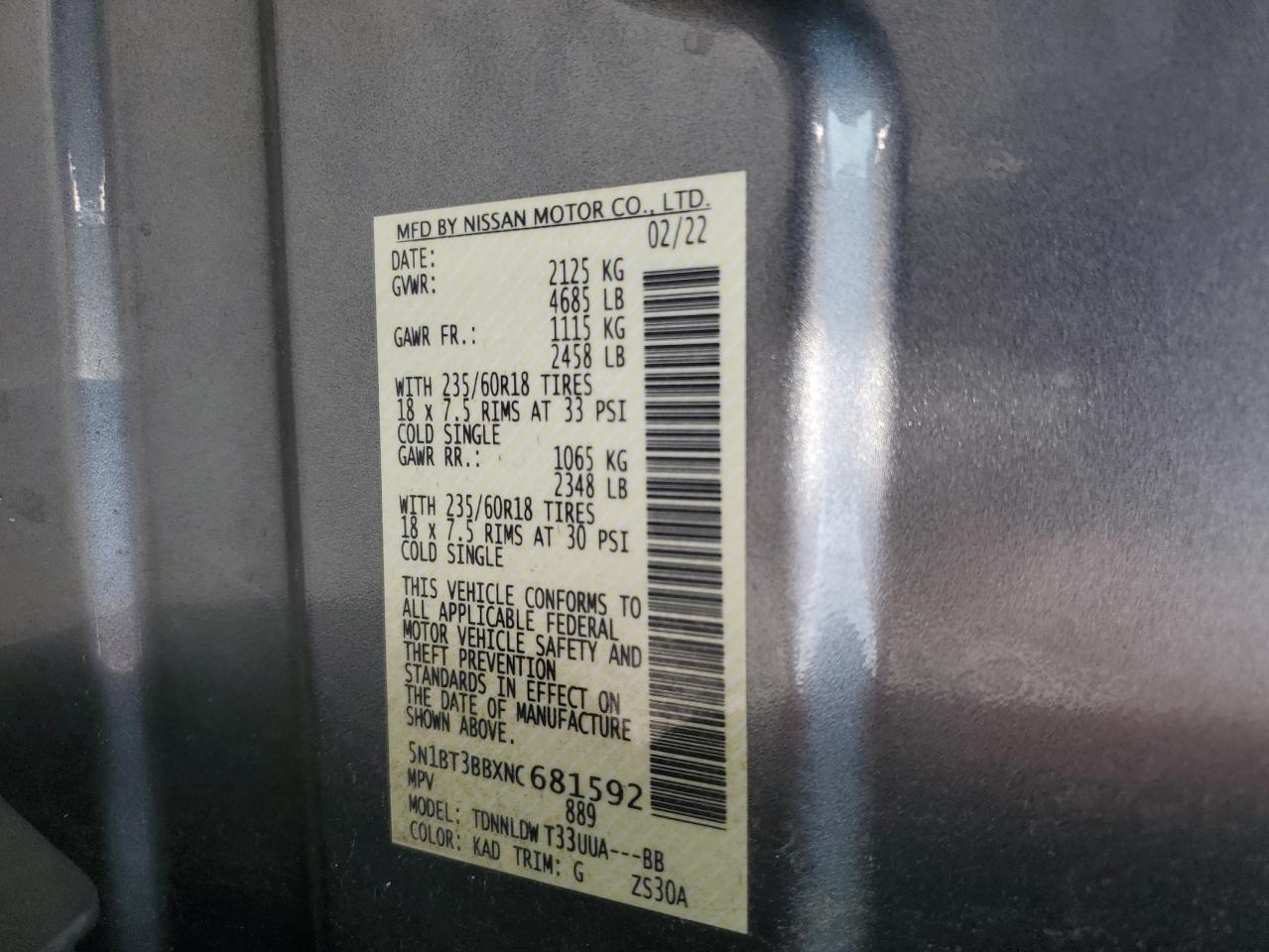 2022 Nissan Rogue Sv VIN: 5N1BT3BBXNC681592 Lot: 60447975