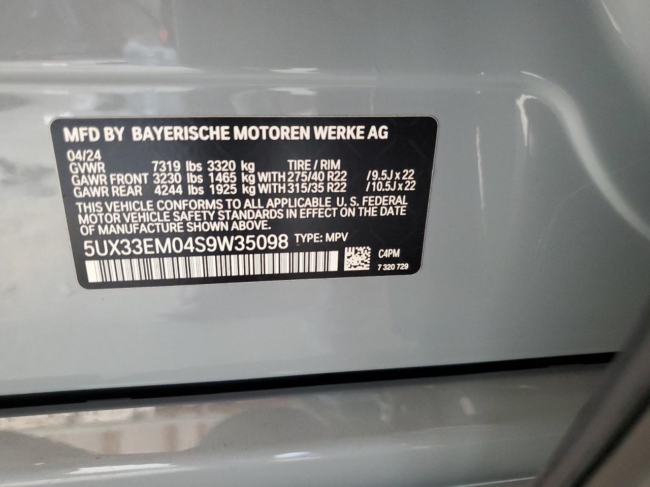 2025 BMW X7 M60I VIN: 5UX33EM04S9W35098 Lot: 62672475
