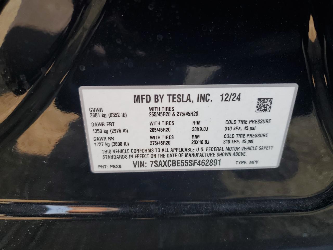 2025 Tesla Model X VIN: 7SAXCBE55SF462891 Lot: 60415555