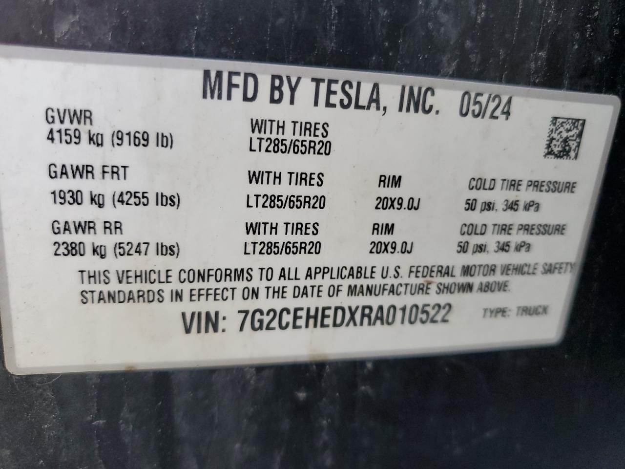 2024 Tesla Cybertruck VIN: 7G2CEHEDXRA010522 Lot: 60874185