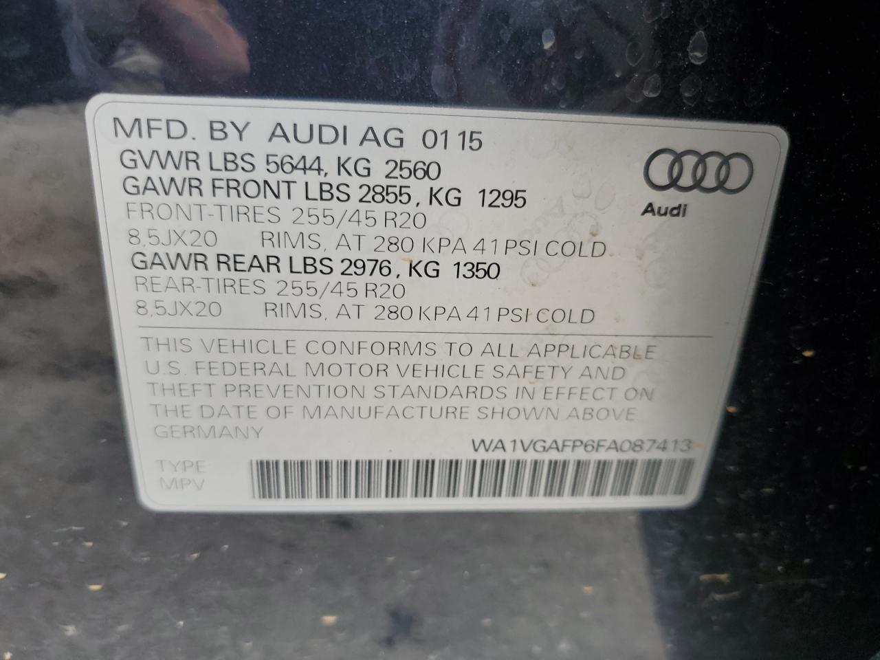 2015 Audi Sq5 Prestige VIN: WA1VGAFP6FA087413 Lot: 59766785