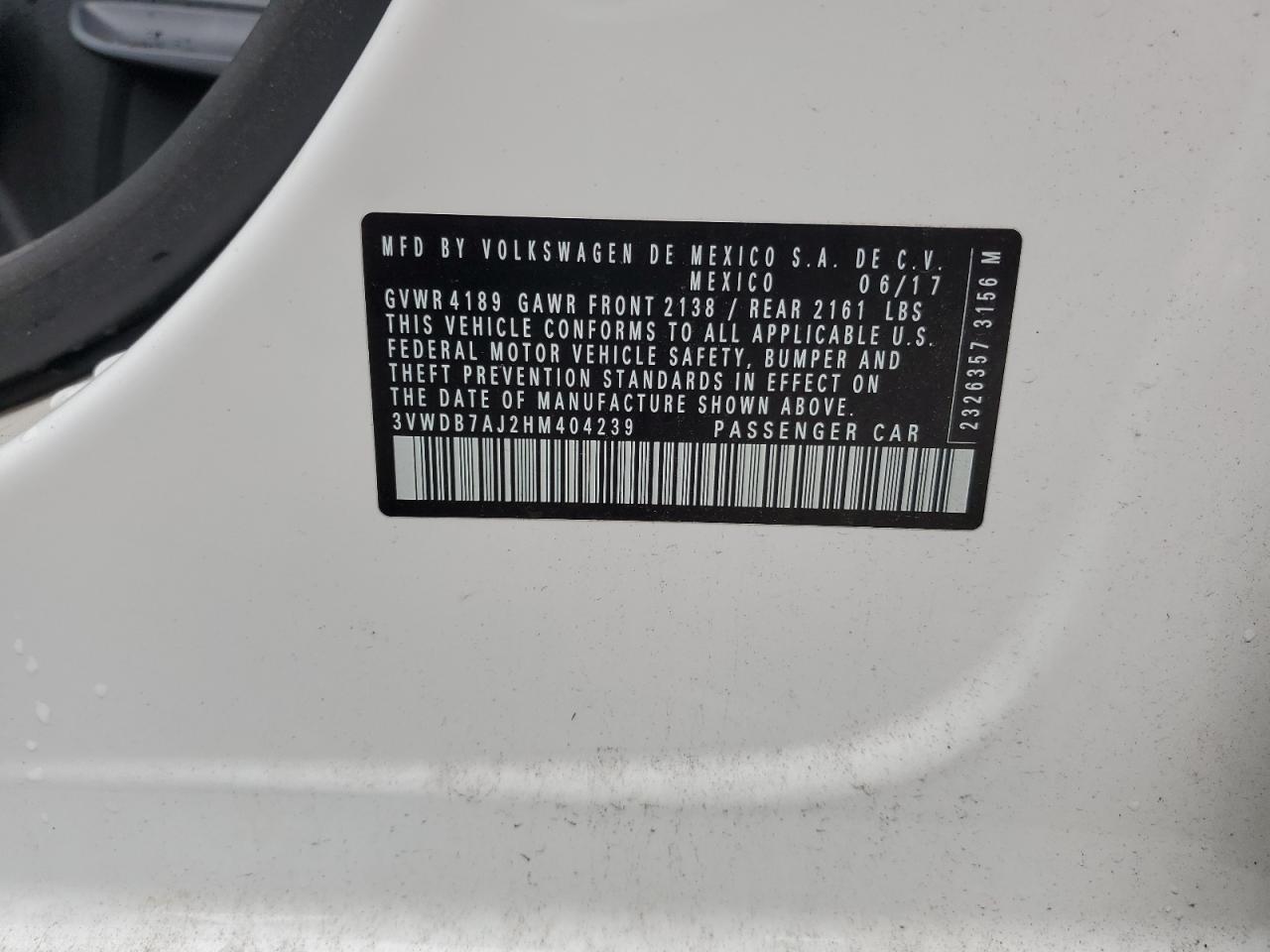 2017 Volkswagen Jetta Se VIN: 3VWDB7AJ2HM404239 Lot: 60312065
