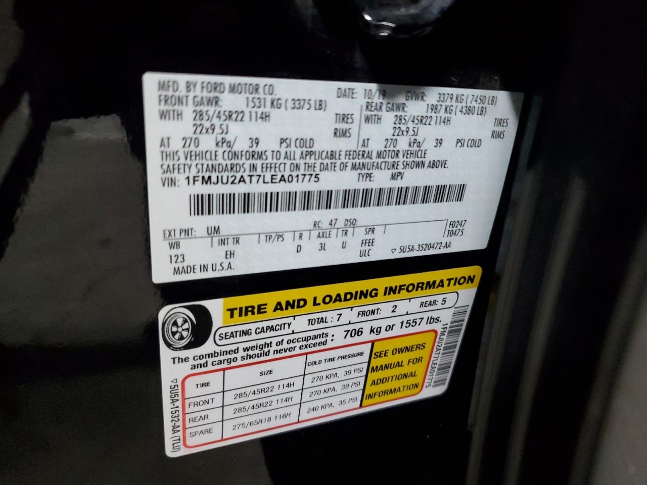 2020 Ford Expedition Limited VIN: 1FMJU2AT7LEA01775 Lot: 58177675