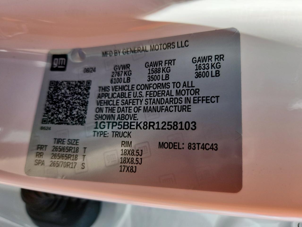 2024 GMC Canyon Elevation VIN: 1GTP5BEK8R1258103 Lot: 60463285