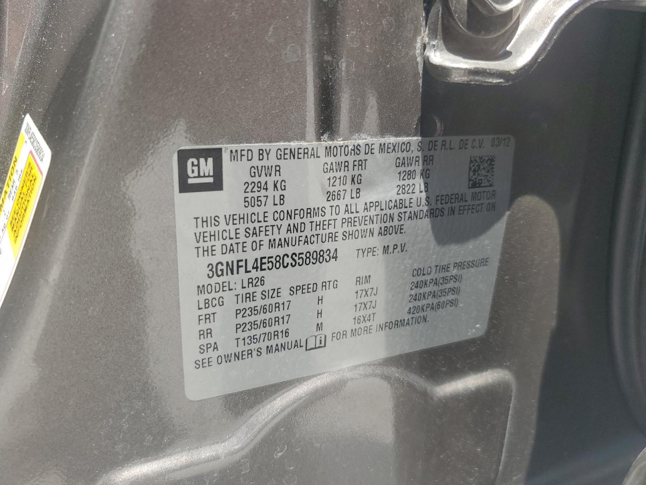 2012 Chevrolet Captiva Sport VIN: 3GNFL4E58CS589834 Lot: 60545515
