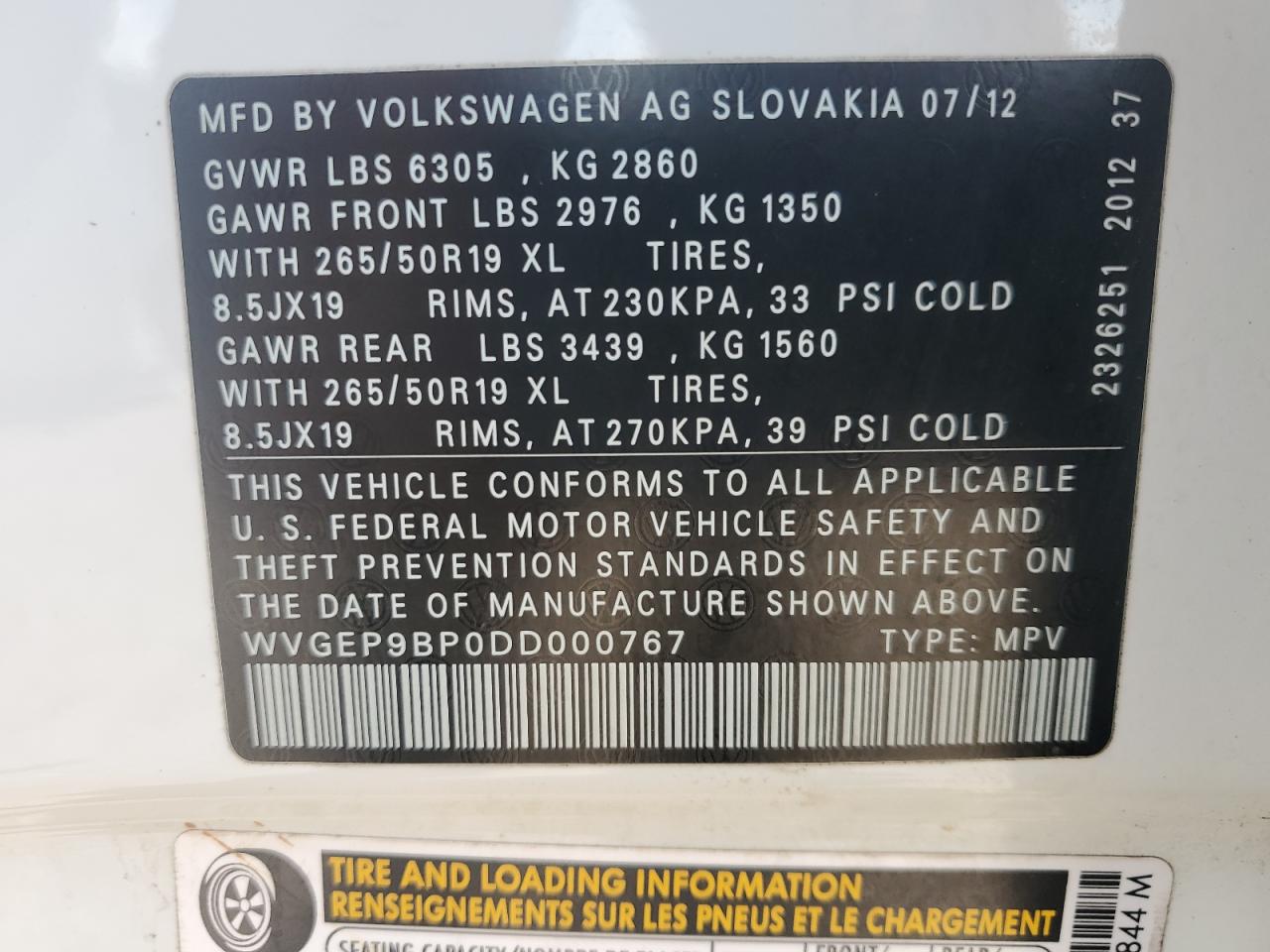 2013 Volkswagen Touareg V6 Tdi VIN: WVGEP9BP0DD000767 Lot: 61972725