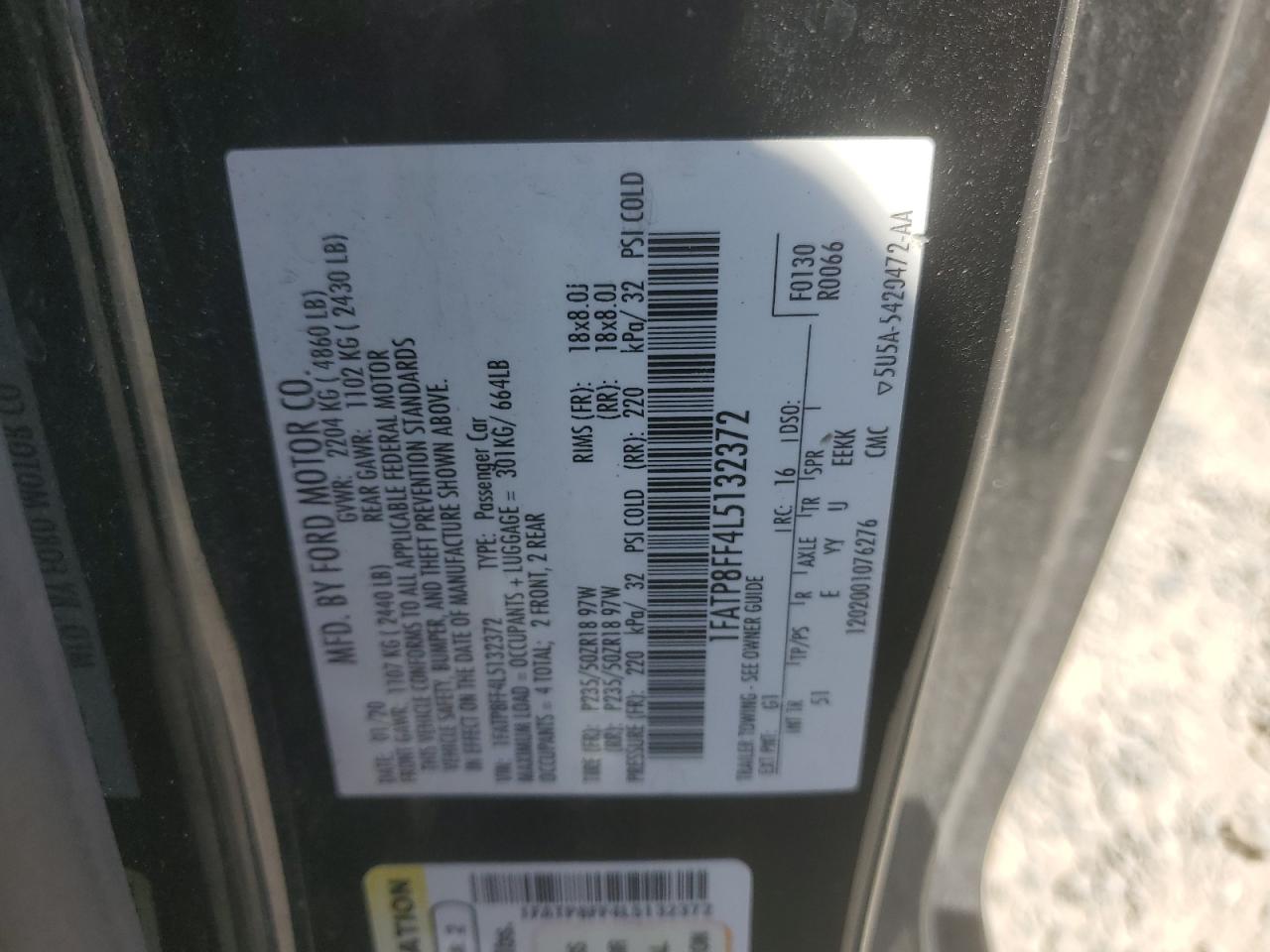 2020 Ford Mustang Gt VIN: 1FATP8FF4L5132372 Lot: 62913095